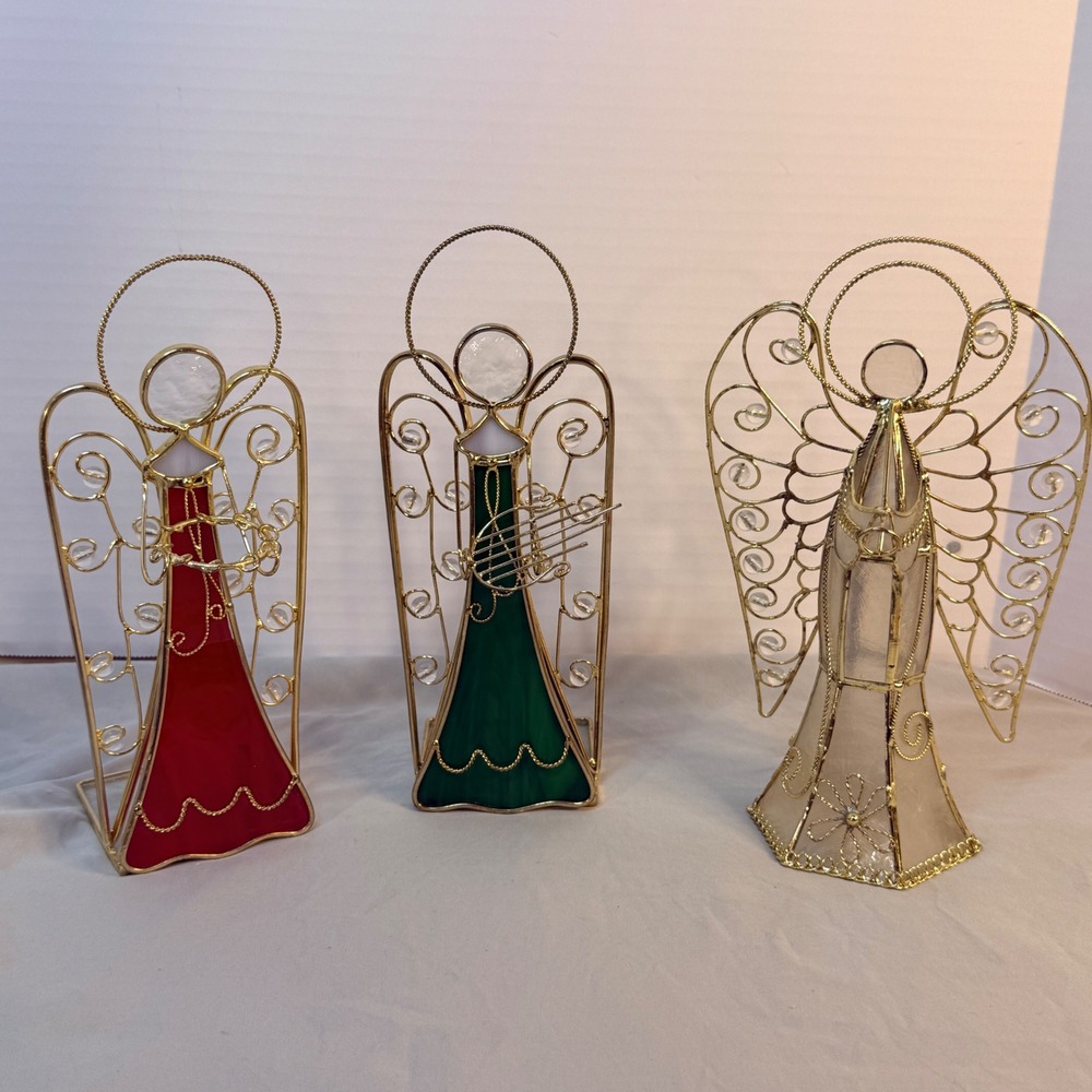 Vintage Stained Glass Angel Figurines Set of 3 Gold Wire Christmas Decor